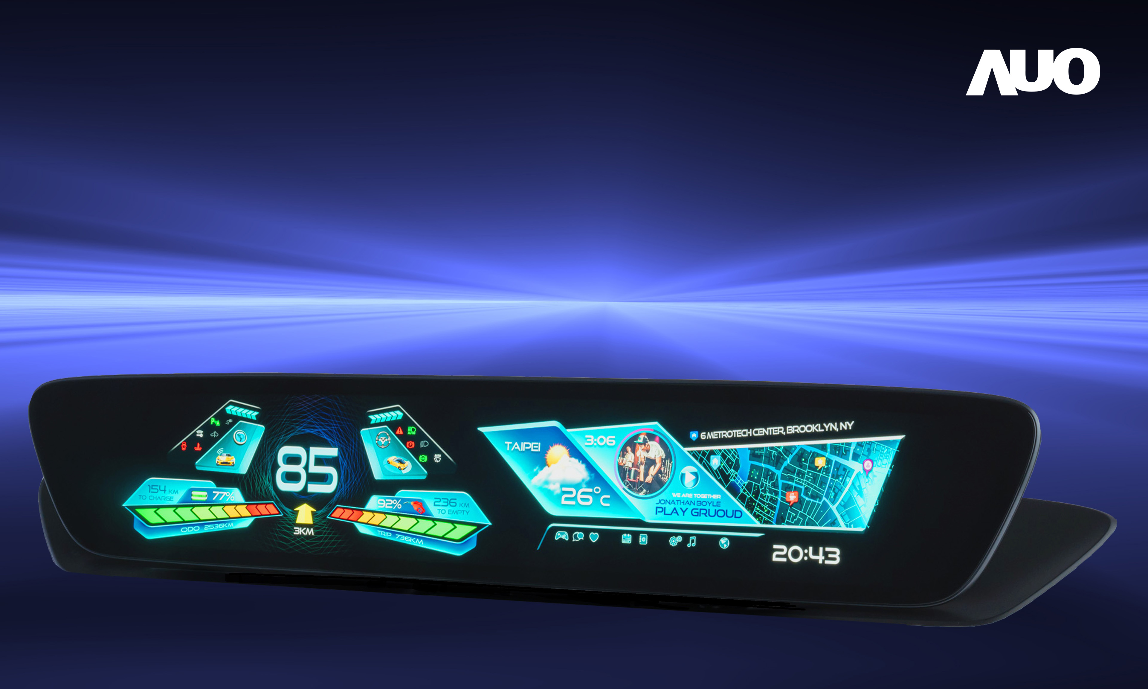 友達30.4吋異形曲面AmLED車載顯示系統，為一兼具儀表板及中控台人機介面的創新車載顯示系統，結合美學設計，提升車內科技沉浸感及使用體驗，讓車載顯示的未來應用更加多元化