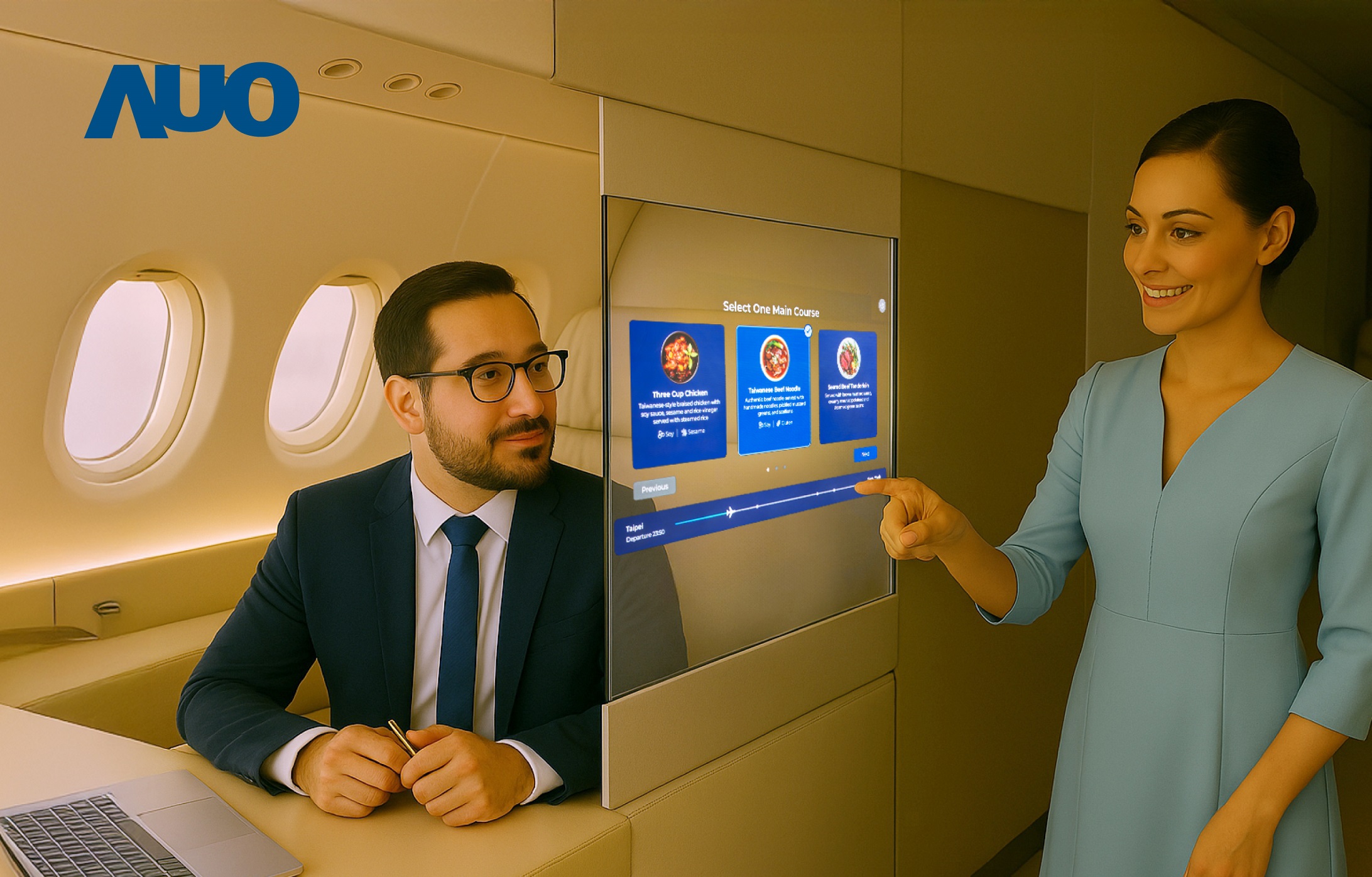 好体育在线官网研发全球最薄17.3 吋双面透明 Micro LED 显示器，可在同一屏幕之双边投射不同信息，创造独特的&rdquo;透明化&rdquo;互动；图为实时翻译交流应用情境