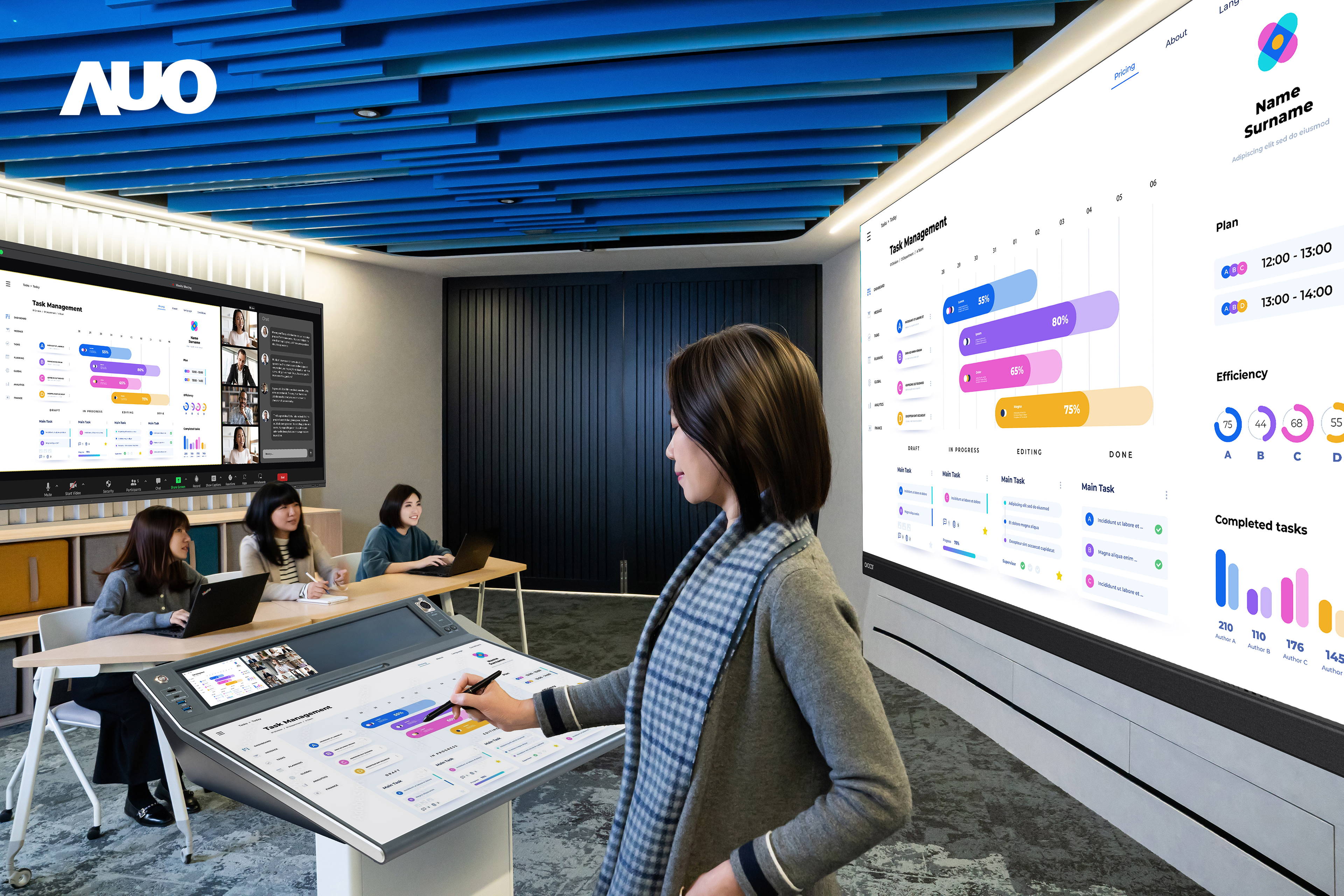 达擎携手Avocor与Rise Vision展示全方位商务领域应用，包含采用模块化设计的138吋一体式All-in-One LED显示器及具21:9超宽比例的92吋交互式电子白板（IFPD），讲者可轻松分享内容，有效提升会议协作效率。